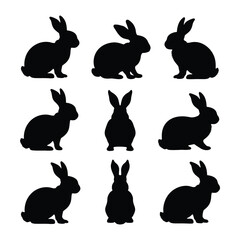Silhouettes of easter bunnies isolated on a white background. Set of different rabbits silhouettes for design use.