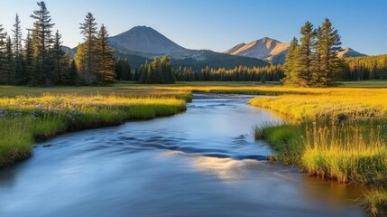 Fototapeta premium Serene river flowing through a lush meadow, with majestic mountains in the background under a clear sky at sunset.