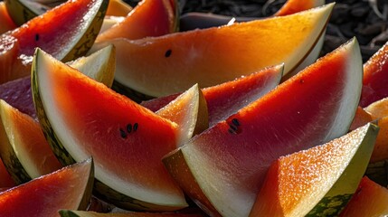 Close-up of numerous vibrant red watermelon slices, glistening under sunlight.