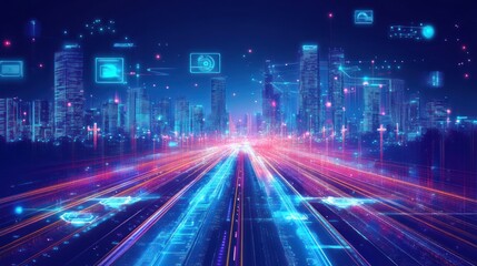 Fototapeta premium Futuristic city highway with glowing digital data streams and icons.