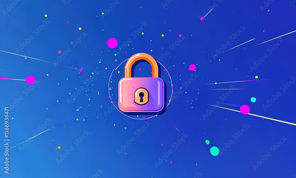 Poster cybersecurity: digital lock data protection, secure encryption, privacy shield.