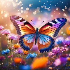 Colorful butterfly is flying in a field of flowers