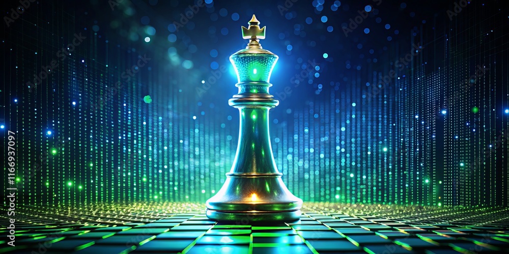 Poster digital chess king binary code strategy: abstract futuristic stock photo