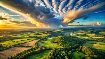 Dramatic Cloudscape over Serene Landscape: Aerial View of Tranquil Nature