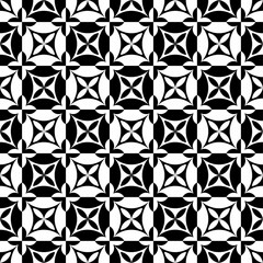 Seamless black and white geometric pattern, featuring a symmetrical design with floral motifs. Suitable for backgrounds, wallpapers, textiles, fabrics and various creative projects.