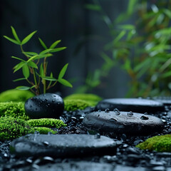 black stones with water droplet, lush green moss and bamboo leaf