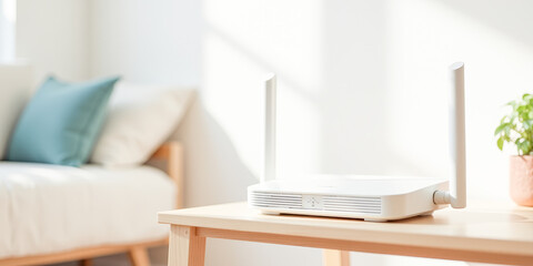 Wi-Fi router on the table in the stylish living room of a modern house