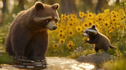 Obraz premium Brown bear and raccoon interacting by a stream in a sunny forest meadow.