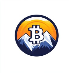 Obraz premium Stylized logo featuring a Bitcoin symbol against a backdrop of mountains and a sunset.