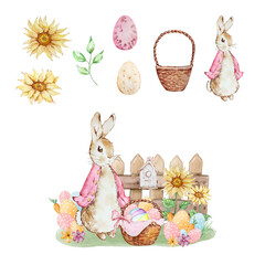 Set of Happy Easter watercolor cards with cute Easter rabbits, egg, spring flowers in pastel colors