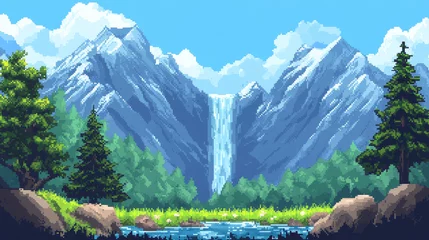  8 bit pixel landscape with mountains and waterfall cascade arcade game level vector background. Pixel art forest trees, sky and green grass, mountain river, flowers nature landscape, video game scene © Best_Seller