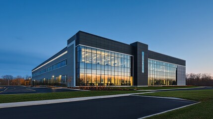 Obraz premium Modern glass and metal office building at dusk.