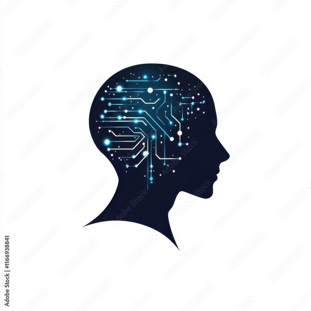 Poster silhouette of a human head with a digital circuit design, representing ai and technology integration