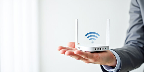 Wi-Fi router on the palm of your hand on a white background