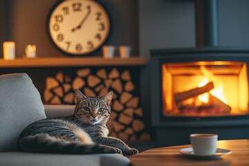 A cozy home ideas setting featuring a cat lounging by the fireplace, creating a warm atmosphere in the interior of the house, perfect for relaxation.