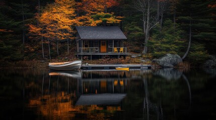Fototapeta premium Rustic cabin on a calm lake, surrounded by autumn foliage, reflected in the still water.