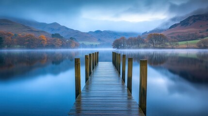 Naklejka premium Serene misty lake scene with wooden pier reflecting in calm water, autumnal hills in background.