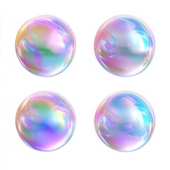 Four iridescent soap bubbles floating gracefully, showcasing vibrant colors and reflections.