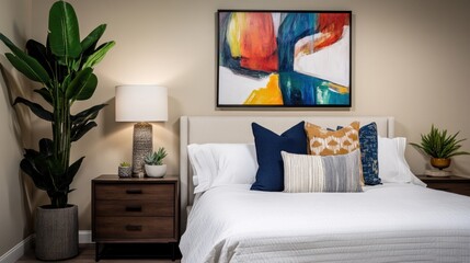 Modern bedroom interior with white bedding, colorful artwork, and plants.