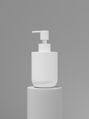 white pump dispenser bottle mockup, Pump bottle display on pedestal background, empty design plastic cylindrical body wash packaging mockup, lotion container, liquids dispenser, liquids contributor