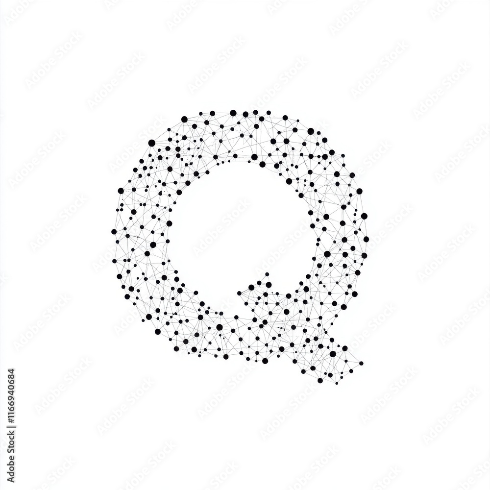 Poster stylized letter 'q' composed of interconnected dots and lines, representing digital networks and con