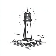 A classic black and white illustration of a majestic lighthouse standing tall on rocky shores.