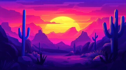 Vibrant sunset over a desert landscape with cacti and mountains. (1)