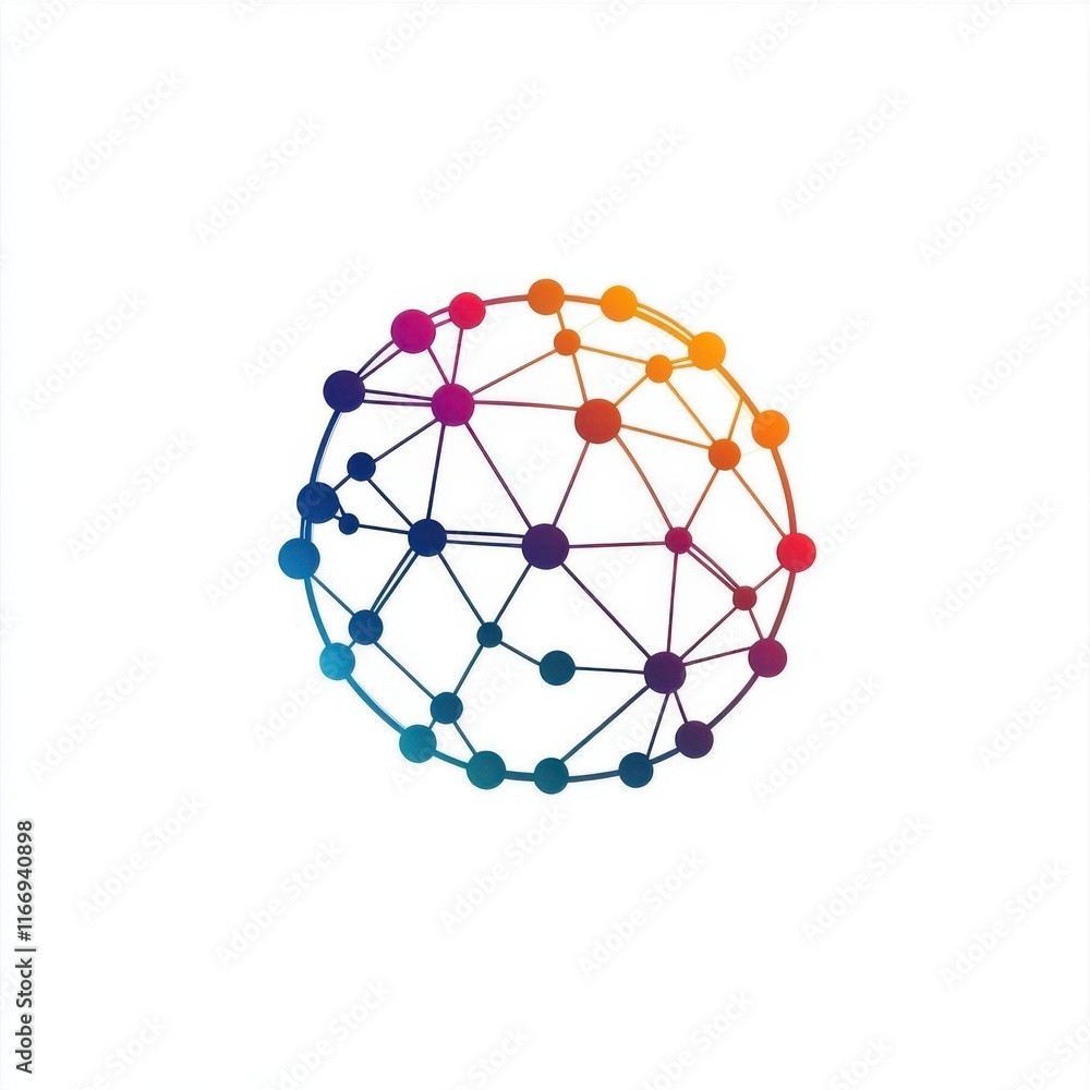 Poster colorful abstract globe with interconnected nodes symbolizing technology and networking.