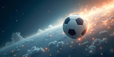 Fototapeta premium soccer ball in space close-up on the background of planet earth