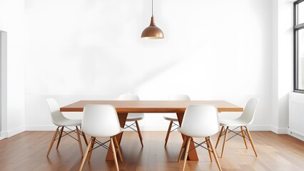Modern Dining Room with Wooden Table and Blank Wall Mockup
