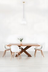 Fototapeta premium Modern Dining Room with Wooden Table and Blank Wall Mockup