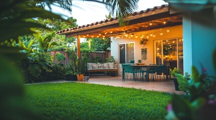 Obraz premium Tranquil backyard patio with string lights, seating, and lush greenery at dusk.