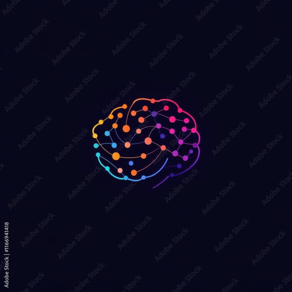 Poster a colorful neural network design representing a brain on a dark background.