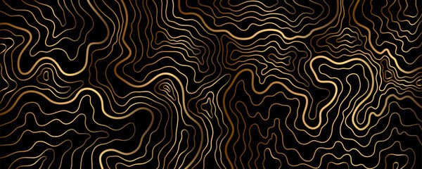 Luxury wavy golden linear banner. Abstract technology background. Shiny gold waves on black background. Swirl pattern. Template with gradient lines. Curved lines. Flowing liquid