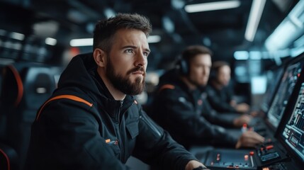 Obraz premium Focused Male Operator in Modern Control Room with Advanced Technology and Neat Appearance