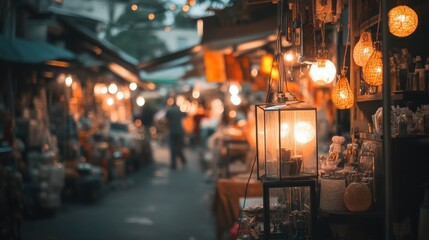 Illuminated night market street with glowing lanterns and blurred shoppers.
