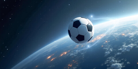 Fototapeta premium soccer ball in space close-up on the background of planet earth
