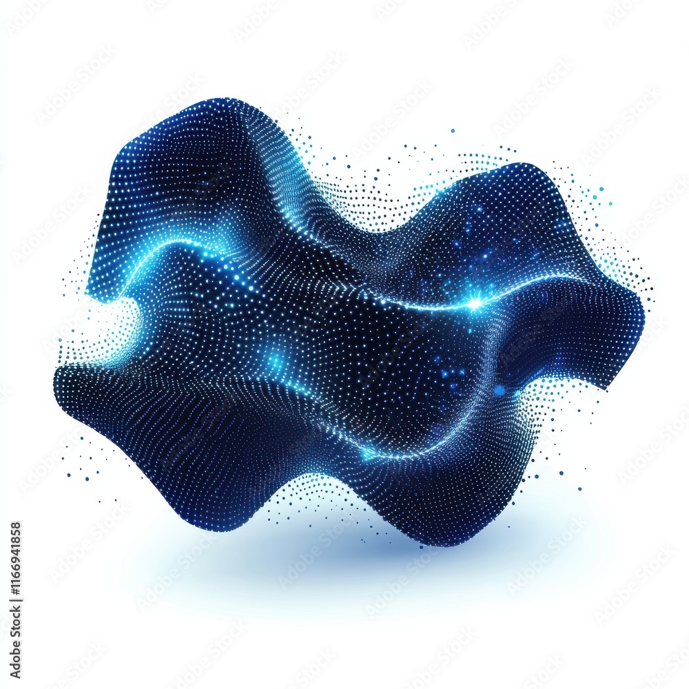 Poster a dynamic abstract representation of flowing data with glowing blue dots and waves against a white b