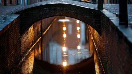 Brick arch bridge over a calm canal at night, reflecting lights.