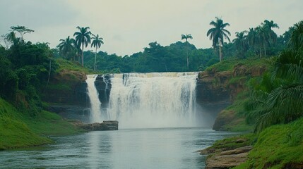 Fototapeta premium Majestic waterfall cascading into a tranquil river surrounded by lush green tropical foliage and palm trees.