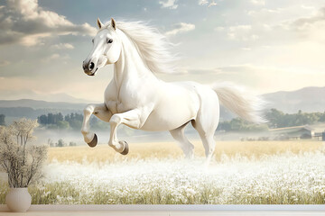 Obraz premium A majestic white horse leaps gracefully in a sunlit field, creating a serene atmosphere.