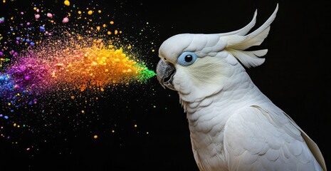 a white cockatoo with rainbow-colored paint pouring from its beak, set against a black background