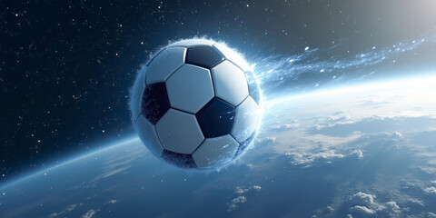soccer ball in space close-up on the background of planet earth
