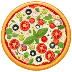 Pizza round whole top view vector illustration. Traditional italian food image in cartoon style. Fast food for menu and design.