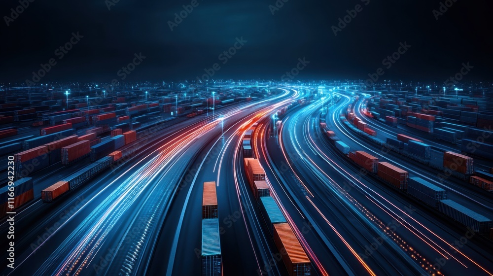 Poster nighttime aerial view of busy highway with light trails and shipping containers in urban setting