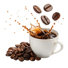 Splashing coffee in a white cup, roasted coffee beans, isolated on transparent background, dynamic shot.