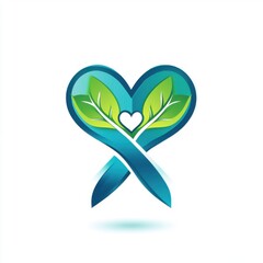 Fototapeta premium Stylized blue heart with green leaves and a white heart, symbolizing love for nature and sustainability.