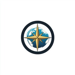 Stylized compass emblem with a golden star over a globe in blue and white tones.