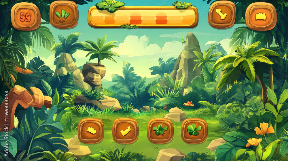 Poster jungle game interface. ui game buttons, gui elements with vector palm leaves and exotic tropical for