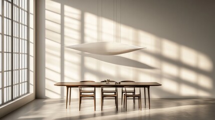 Fototapeta premium Modern dining room with minimalist pendant light, wooden table, and chairs; sunlight streams through large window.